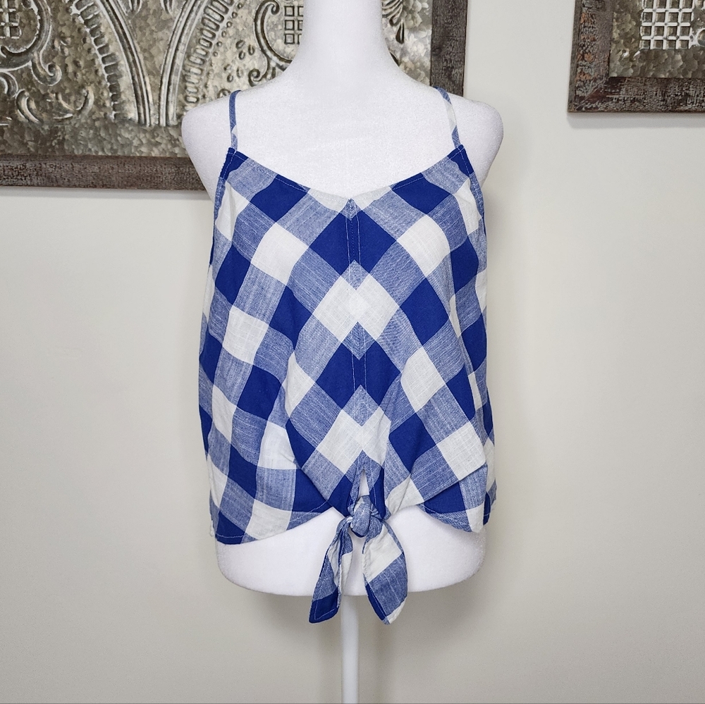 Farmers Daughter Blue & White Gingham Cotton Blend Tie Front Top Small